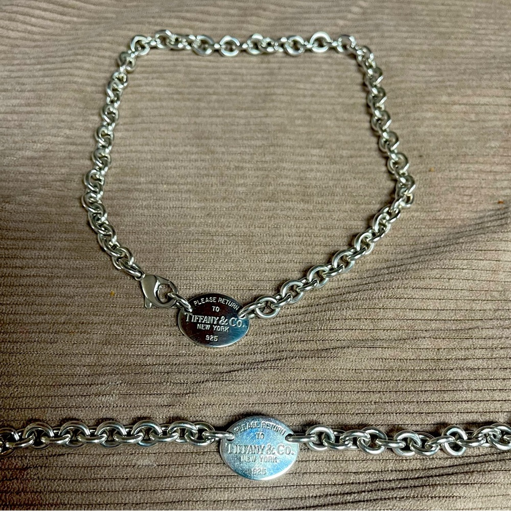 Tiffany & Co. Sterling Silver Oval tag Necklace 15.5" and matching bracelet